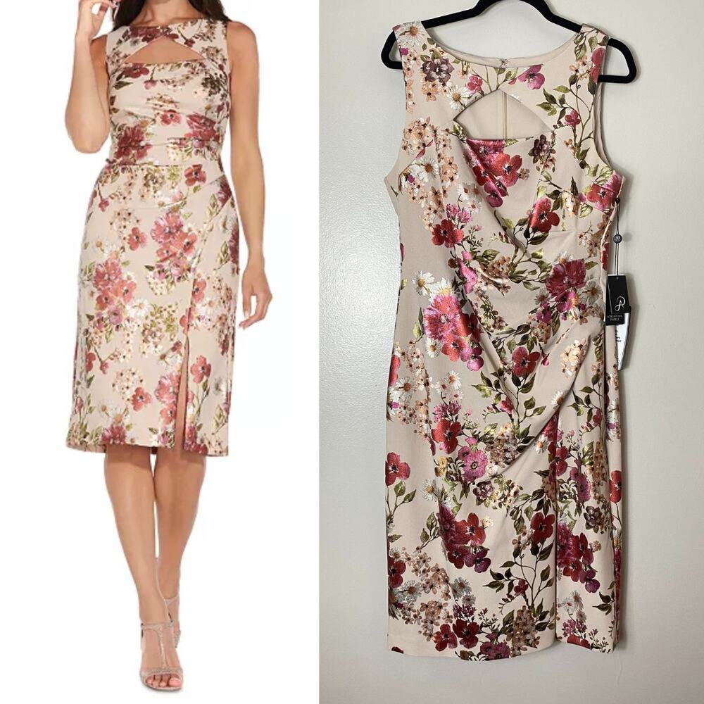 NWT ADRIANNA PAPELL DRESS 14 WEDDING GUEST RED FOIL BEIGE FLORAL COCKTAIL PARTY - Picture 2 of 14